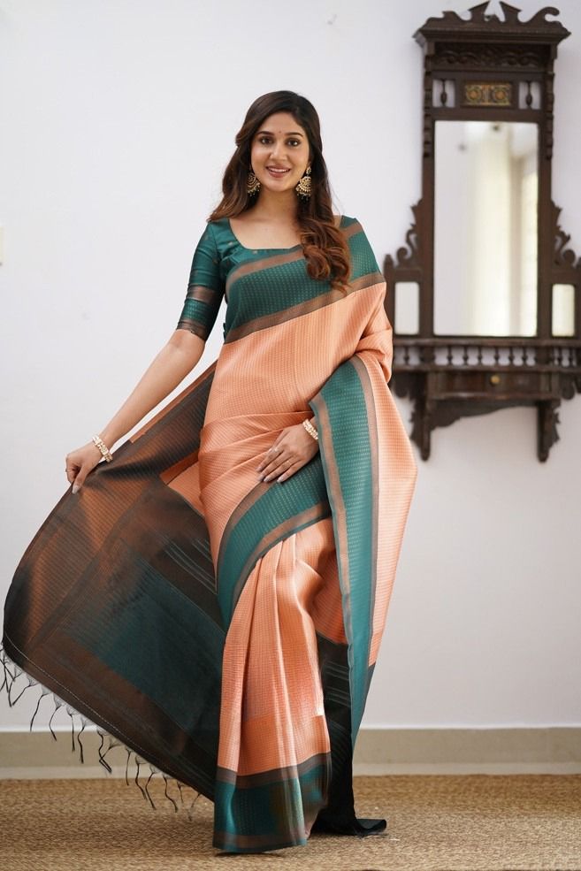 Peach plain silk saree with blouse - Mahotsav E Solution - 4080657
